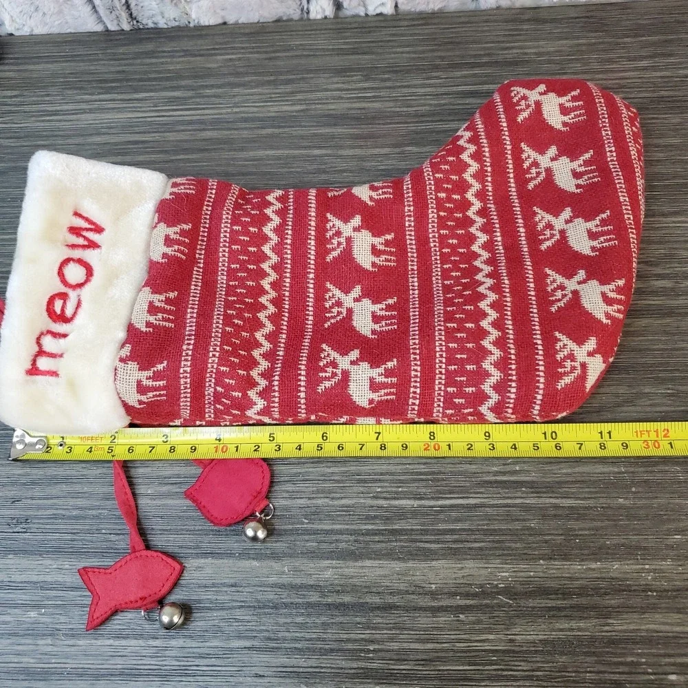 MEOW Kitty Cat Red Christmas Pet Stocking With Moose‎ Reindeer And Fabric Charms